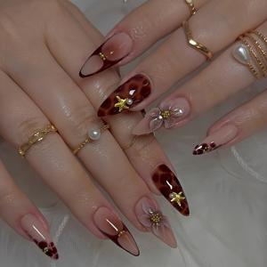 TEMU 브라운 그라데이션 아몬드형 네일 24개, 입체 수지 꽃 골드, 스틸볼 장식, 탈부착식 누름식 인조네일, 여성용 데일리 파티 네일