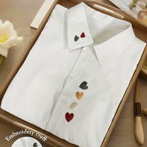 TEMU 여성용 하트 자수 롱슬리브 싱글버튼 캐주얼 셔츠