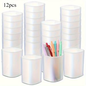 TEMU 12개입 무광 플라스틱 펜컵, 공간 절약형 스택 디자인. 사무실, 학교, 가정용 마커 및 필기구 보관에 이상적. 심플하고 매끄러운 표면, 정리 필수 아이템