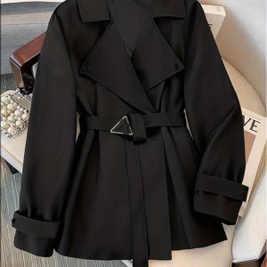 TEMU 오버사이즈 따뜻한 베이지색 벨트 턴 칼라 트렌치 코트 | 단색, 약간의 스트레치 원단, 하프 플래킷, 사무실, 캐주얼 외출 등에 적합