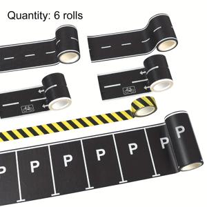 TEMU 6롤, 도로 핸드북 및 와시 테이프, 창의적인 교통 도로 및 주차장 와시 테이프, 찢어지고 흔적이 없는, 붙이고 떼는 것이 쉬운 자가 접착 재사용 테이프, 흑백 도로 와시 스티커