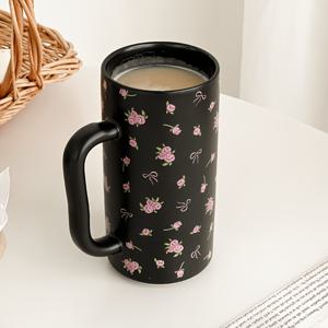 TEMU 장미 나비 블랙 파우더 컵 - 세라믹 스타일, 창의적인 신선한 작은 꽃무늬 머그컵 세라믹 컵 사무실 커피컵 가정용 고품질 음료컵