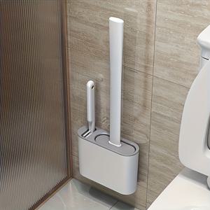 TEMU 튼튼한 실리콘 변기 청소 브러쉬 (벽걸이형 보관함 포함) - 평면 헤드 디자인, 드릴 없이 실리콘 청소 도구 (가정 욕실용), 간편한 걸이형 정리함, 욕실 청소 도구 | 모던 욕실 용품 | 튼튼한 실리콘 브러쉬