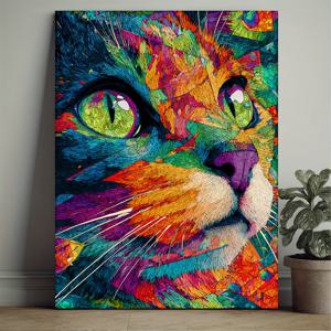 TEMU 2D 평면, 2D 평면 액자 없는 캔버스 포스터 - 칼레이도스코픽 고양이 아트 그린 아이즈, 모던 벽 장식, 거실, 침실, 사무실용 - 고양이 애호가를 위한 완벽한 선물, 고양이 장식, 침실 예술작품, 생동감 넘치는 예술작품, 고양이 눈 블루, 2D 평면