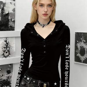 TEMU 봄 신상 고딕 스타일 벨벳 원단 클래식 디자인 상의, 부드러운 질감의 후드티, 긴소매 후드 티셔츠