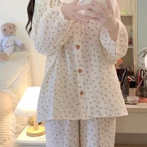 TEMU 재고 보유 논스트레치 고품질 한국식 파자마, 봄/가을 신상 레이스 스위트 긴팔 긴바지 루즈 캐주얼 홈웨어 세트, 편안한 카디건 청소년용, 기숙사 투피스 세트 외출용, 청소년을 위한