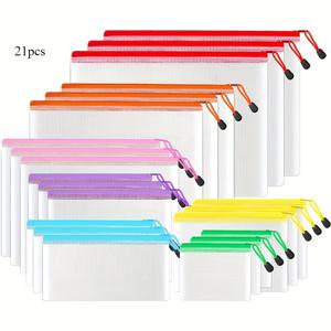 TEMU 21개입 (21pcs) 멀티사이즈 메쉬 지퍼 파우치 - 7가지 색상, 학용품, 사무용품, 여행, 퍼즐 및 소품 정리에 적합한 지퍼백