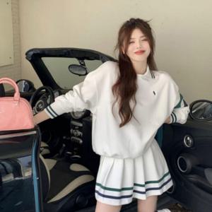 TEMU 여성 골프 트레이닝 맨투맨+미니스커트 투피스 상하세트 봄가을 긴팔 폴로넥 맨투맨티 플리츠 스커트 주름 치마 코디세트#여성 골프 트레이닝 투피스 세트 (맨투맨 + 플리츠 미니스커트) / 폴로넥 긴팔 / 봄가을 간절기 / 골프웨어 테니스룩 / 꾸안꾸 캐주얼 상하세트