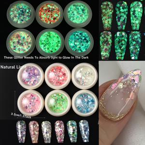 TEMU 6색 야광 젤 글리터 3D 루미너스 육각형 인어 그라데이션 무지개빛 네일 플레이크 파우더 불규칙 매니큐어 네일 시퀸 장식