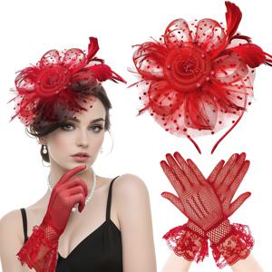 TEMU 여성용 깃털 페이시네이터 & 레이스 장갑 - 1920년대 개츠비 모자, 티파티, 결혼식, 장례식, 신부 액세서리용 - 빈티지 베일 헤어밴드, 1920년대 코스튬 & 카니발 이벤트용