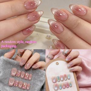 TEMU 랜덤 3종 10pcs 핸드메이드 프레스온 네일 - 핑크 글리터 캣아이 디자인, 그라데이션 오벌 숏 쉐입, 광택 표면. 손과 발에 적합, 탈부착 가능한 파티 및 데일리 웨어용. 핸드메이드 파티 액세서리