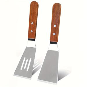 TEMU 2개 세트 스테인리스 스틸 스패츌러 나무 손잡이 - 내열성, 논스틱 주방용품 (팬케이크, 버거, 피자, 스테이크용) - 그릴링, 프라이, 요리에 이상적 - BBQ 및 홈 주방, 그릴링 액세서리용