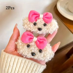 TEMU 귀여운 트렌디한 리본 강아지 머리핀 2개 세트, 플러시 따뜻한 3D 강아지 머리핀, 여성용 카툰 스타일 캐주얼 헤어 액세서리, 생일 선물, 할로윈 선물, 새해 선물, 크리스마스 선물에 완벽한 포토 소품