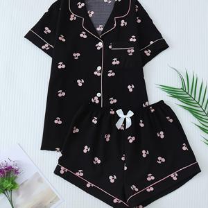 TEMU 블랙 & 핑크 체리 프린트 청소년 잠옷 세트, 십대용