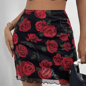 TEMU 로즈 프린트 & 러플 숏 밑단이 있는 짧은 A라인 스커트 - 여름, 결혼식, 파티, 반정장용 스커트 - 세탁기 사용 가능