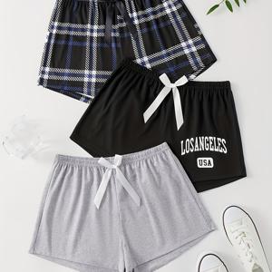 TEMU 여름 여성용 슬립 쇼츠, 편안하고 부드러움, 다용도 캐주얼 홈 팬츠, 탄성 허리 체크무늬, 리본 장식, 짧은 3피스 세트