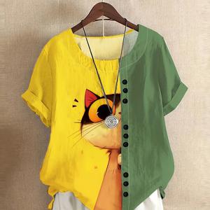 TEMU 귀여운 고양이 프린트 라운드넥 반팔 캐주얼 셔츠