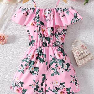 TEMU 여아용 플로럴 프린트 숏츠 1개, 오프숄더 슬림핏 캐미솔, 여름 휴가 및 파티 의상용, 야외 활동에 적합