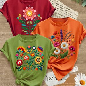TEMU 3pcs 여성용 꽃무늬 티셔츠 - 생동감 있는 꽃 디자인, 라운드 넥, 반팔, 신축성 있는 원단, 봄, 여름, 가을용 캐주얼 & 스포티 스타일, 다양한 색상 제공, 캐주얼 웨어 | 꽃무늬 상의 | 편안한 핏