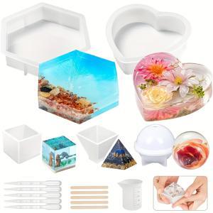 TEMU 16개 레진 캐스팅 몰드 키트, 에폭시 레진, 꽃 보존을 위한 대형 트레이 실리콘 몰드, 육각형, 하트, 구체, , 큐브 및 다양한 도구를 포함한 이상적인 스타터 키트