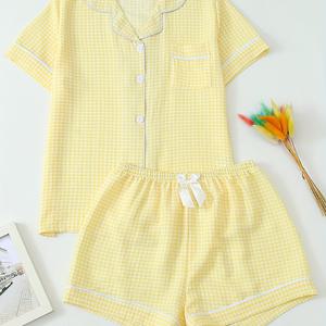 TEMU 청소년용 편안한 노란색 체크무늬 반팔 버튼 칼라 상의와 신축성 있는 쇼츠 리본 세트 파자마 홈웨어