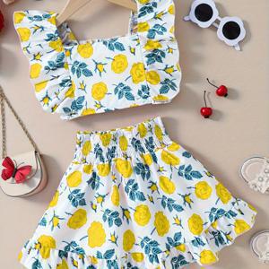 TEMU 여아용 플로럴 민소매 러플 탑 & 피티드 스커트 세트, 여름 야외 활동에 완벽