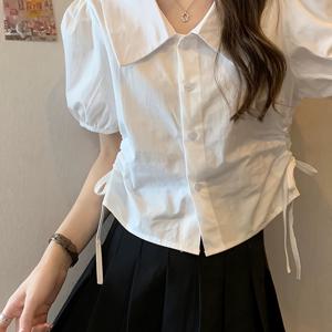 TEMU 여성용 화이트 캐주얼 퍼프 슬리브 크롭 셔츠 - 포인티드 칼라 & 조절 가능한 허리 타이, 가벼운 논스트레치 원단, 핸드워시 전용, 데코레이티브 타이 디테일, 솔리드 컬러 패션 여름 블라우스