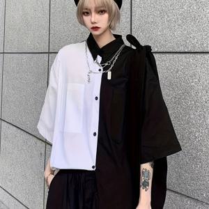 TEMU 남녀 공용 빈티지 스트리트웨어 컬러 블록 반팔 셔츠 - 블랙 & 화이트 대비, 버튼 업 칼라 디자인, 여름, 캐주얼 의상, 레이어링, 일상 의상, 클래식 칼라, 내구성 있는 원단