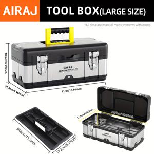 TEMU 휴대용 수납 공구 상자 정리함 (스테인리스 스틸 및 플라스틱 재질), 14, 16, 18인치 사이즈로 제공, 금속 잠금 장치, 다양한 수납 공간, 투명 뚜껑, 분리형 트레이 포함
