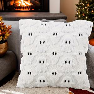 TEMU 1개 오렌지 호박 & 흰색 유령 자수 플러시 쿠션 커버, 가을 및 할로윈용, 45X45Cm 사이즈, 소파, 침대용 던지기 베개에 적합, 가을, 할로윈, 크리스마스 홈 농가 장식에 완벽