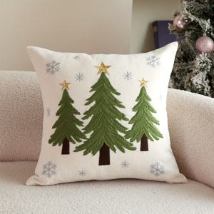 TEMU 고급 자수 그린 크리스마스 트리 베개 커버 1개, 린넨 원단으로 제작되어 실내 장식용 크리스마스 테마 거실 쿠션 커버로 적합하며, 사계절을 위한 다용도 크리스마스 장식 베개 커버 (내부 속통 제외)