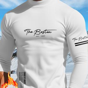 TEMU 남성용 블랙 & 화이트 하이넥 압축 보온 셔츠 - 긴팔 운동용 베이스 레이어 탑, 바스톤 프린트 로고, 피부 친화적인 보온성과 스트레치 피트니스 티셔츠, 여행 및 아웃도어 베이스 레이어에 이상적, 멀티 프린트 디자인으로 스타일 업그레이드, 남성 및 청소년에게 적합, 축제 및 선물용