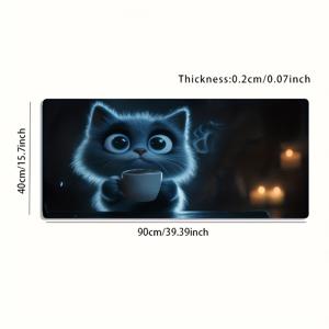 TEMU 1대형 게이밍 마우스 패드 - 미끄럼 방지 세척 가능 표면, 커피를 든 귀여운 고양이 디자인, 표현력 넘치는, 초장형 데스크 매트 PC, 오피스, 이스포츠용 - 이상적인 게이머 선물, 블루와 다크 배경의 데스크 데코