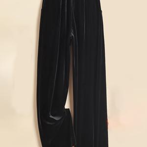 TEMU 여성용 벨벳 레그 팬츠, 봄 가을용 솔리드 컬러 소프트 하이웨이스트 와이드 레그 트라우저, 세탁기 사용 가능 캐주얼 팬츠, 패셔너블하고 편안한 신축성 허리밴드, 일상 홈웨어 및 야외 산책에 적합, 캐주얼 오피스웨어용 포켓, 우아한 여성 의류, 하이웨이스트 루즈핏 조거 팬츠