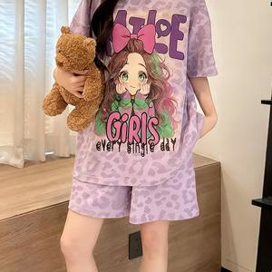 TEMU 귀여운 만화 프린트 여성용 의상, 슬로건이 특징인 보라색 반팔 상의와 탄성 있는 허리 밴드 반바지 - 세탁기 사용 가능, 완벽한 여름 잠옷, 넉넉한 핏의 잠옷, A 및 고무 혼방