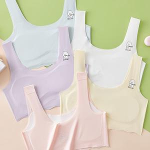 TEMU 5개 세트 여아용 성장 브라 세트 | 심리스 통기성 귀여운 고양이 프린트 고정 컵 패드, 편안하고 통기성 좋은 여아용 성장 브라, 여아용 스포츠 트레이닝 브라 (사계절용)