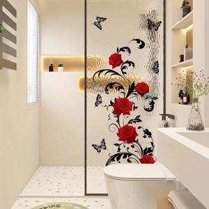 TEMU 1개 빨간 장미 & 검은 덩굴 나비 유리 스티커 | 자가 접착, 방수 프라이버시 욕실 문 & 창문 장식, 재사용 가능한 비닐 소재