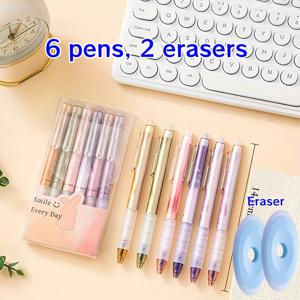 TEMU 8개입 전문가용 지워지는 펜 세트, 0.5mm 팁 파란색 휴대용 지워지는 젤 펜, 부드러운 필기, 깨끗하고 흔적 없는 수정, 부드럽고 연속적인 잉크 학생 시험 과제 저널 다이어리 필수 문구 용품 (펜 6개 + 지우개 2개)