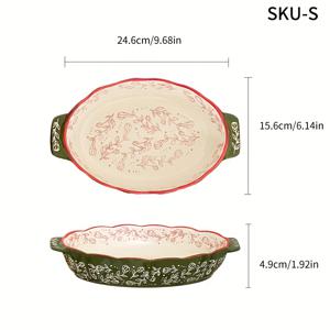 TEMU 1개 빈티지 스타일 세라믹 베이킹 디쉬 핸들 포함 - 녹색 & 빨간 꽃무늬 디자인, 오븐, 전자레인지, 샐러드, 바비큐, 베이킹, 디저트, 피자 만들기에 완벽 - 사계절 내내 사용 가능한 내구성 있는 주방용품, 베이킹 디쉬|꽃무늬 디쉬|내구성 있는 세라믹, 베이킹 디쉬