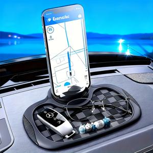 TEMU 다기능 미끄럼 방지 차량 대시보드 매트 (회전식 휴대폰 홀더 포함), 안경 및 열쇠 보관 공간 확대, 내열 실리콘, 격자 디자인, 모든 차량에 적합, 차량용 휴대폰 홀더, 모던 대시보드 액세서리