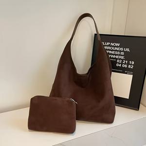 TEMU 대용량 여성 가방, 2026년 가을/겨울 신상 스타일, 통근용 숄더백, 인조 스웨이드 토트 세트!