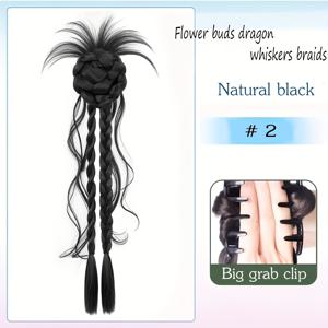 TEMU 헤어 번 자연스러운 볼륨 가발 버드 헤드 드래곤 비어드 하프업 볼 브레이드 합성 고열 합성 클로 클립 20인치 긴 브레이드 꽃봉오리 디자인