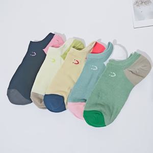 TEMU 5켤레 봄 여름 여성용 보트 삭스 컬러 블록 삭스 팁, 뒤꿈치, 행복한 표정 패턴 여성용 보트 삭스 편안하고 통기성 좋은 투명 삭스