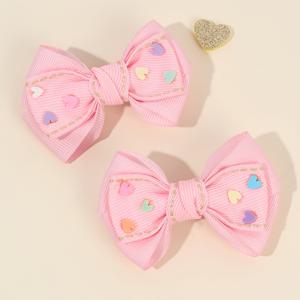 TEMU 여아용 귀여운 랜덤 하트 미니 헤어 보우 클립 2개 세트, 랜덤 하트 프린트 핸드메이드 리본 머리핀 클립, 일상용 헤어 액세서리