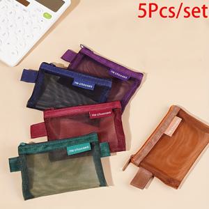 TEMU 미니 빈티지 메시 파우치 5개 세트, 휴대하기 쉬운 필통 또는 메이크업 가방, 간편한 단색 여행용 정리함, 여성용 경량 클러치, 귀한 수납 솔루션