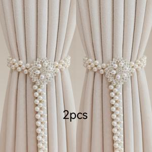 TEMU 2개 세트 우아한 조절 가능한 진주 창문 커튼 타이백 - 금속 장식 & 진주 비즈 포함, 거실 및 침실 창문 장식용 고급 코드 장식