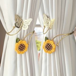 TEMU 침실 및 거실용 나무 구멍 없는 장식 홀더와 나비 액센트 & 디자인의 우아한 플로랄 진주 커튼 타이백 2개 세트 - 폴리에스터/메탈, 가든 스타일, 드릴 설치 없음 | 장식적인 타이백 | 메탈 액센트