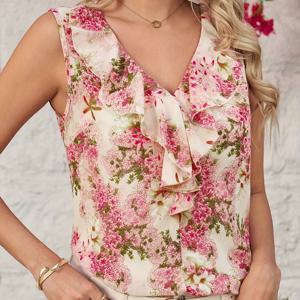 TEMU 여성용 러플 플로럴 민소매 셔츠, 로맨틱 여행에 완벽, 여름을 위한 우아한 V넥 탑