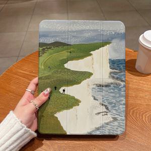 TEMU 아이패드 케이스용 창의적인 귀여운 꽃 패턴, 아이패드 5/6/7/8/9/10 세대, 아이패드 에어 1/2/3/4/5/6 세대, 아이패드 미니 6/7 세대, M2/M4 모델 및 아이패드 프로용 경량 삼중 접이식 스탠드와 호환됩니다. 아이패드용 도우들, 오일 페인팅, 풍경 및 만화 패턴이 있습니다.