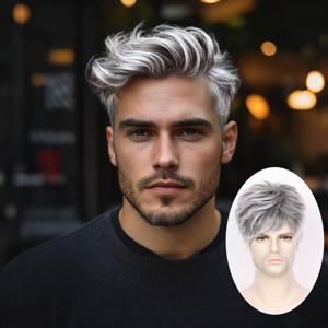 TEMU 남성용 짧은 실버 그레이 가발, 합성 내열 섬유, 짧은 레이어드 그레이 가발, 할로윈 코스프레용 남성 가발